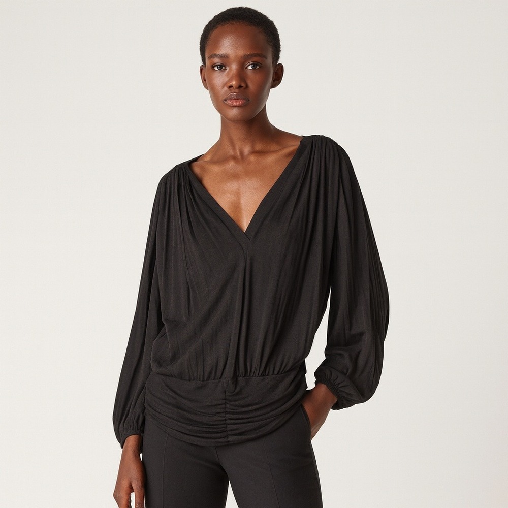 La Perla Black Ruched V Neck Long Sleeve Top Womens Made in Italy Size 40 - US 4